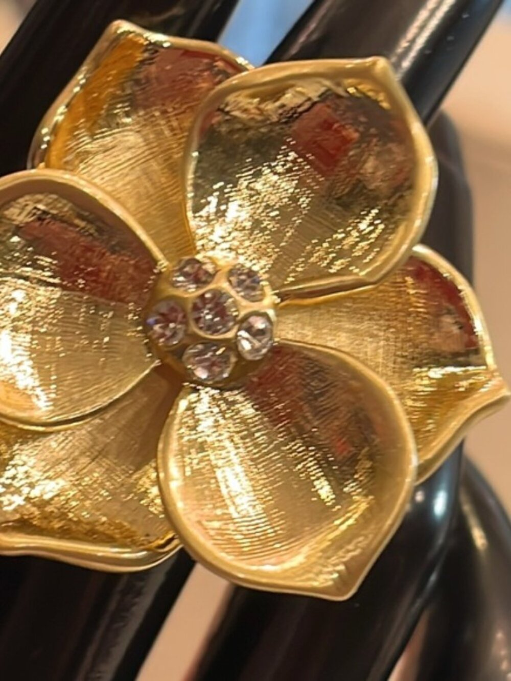 Cocktail Gold tone Flower Ring. Center Clear Rhinestones. Conversation piece.
